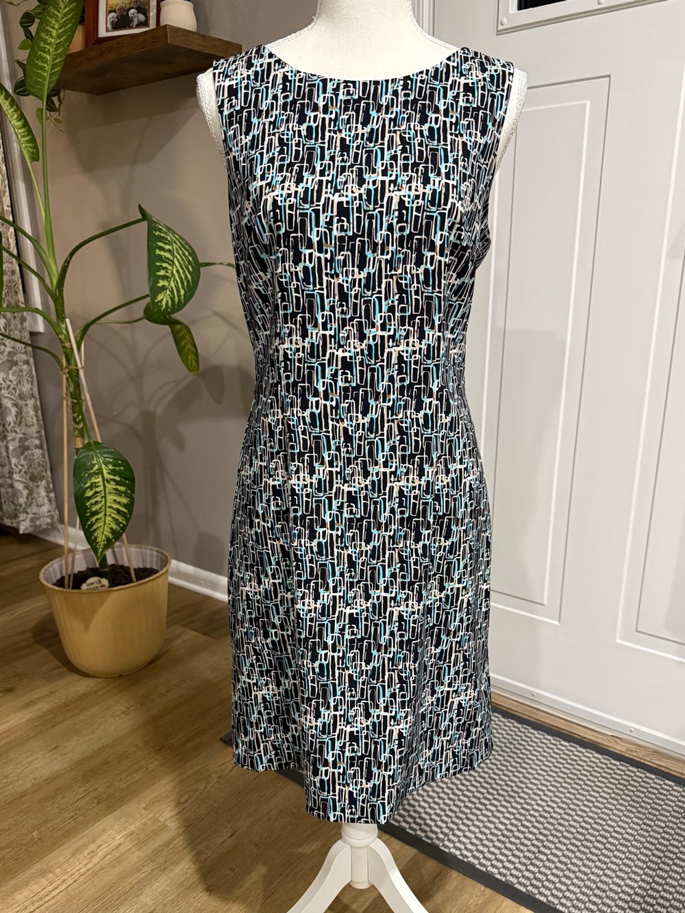 Connected Apparel Black & Teal Geometric Midi Dress Size 10
